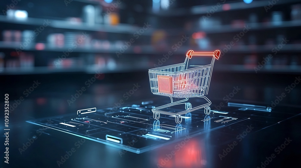 Poster futuristic digital scene featuring a glowing shopping cart on a sleek minimalist surface highlighted