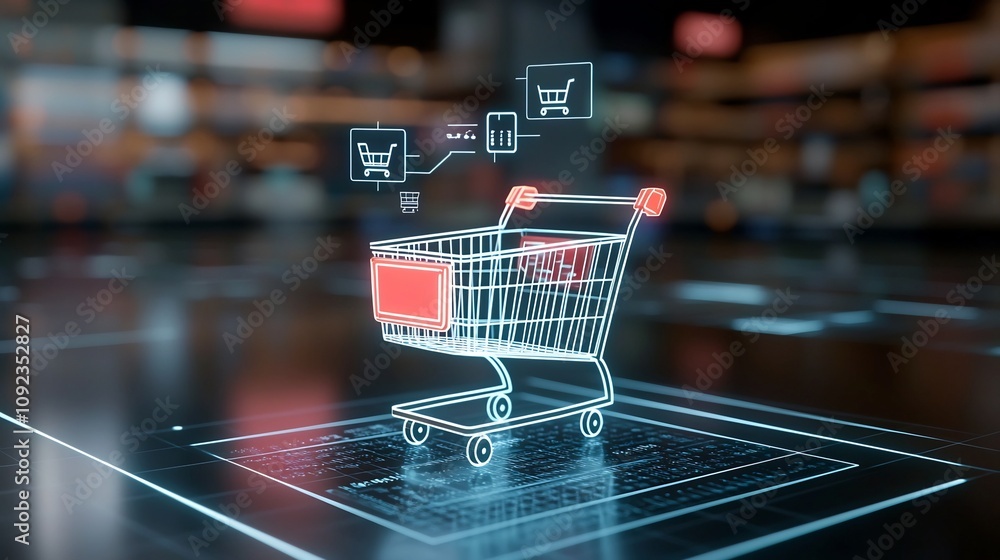 Poster A digital themed scene featuring a glowing shopping cart on a sleek surface highlighted by mesmerizing holographic visuals and vibrant neon colors