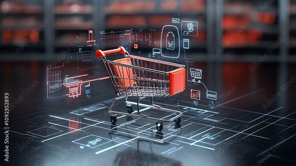 Aufkleber Futuristic digital scene featuring a glowing shopping cart on a sleek high tech surface highlighted by vibrant neon colors and holographic visuals showcasing an advanced