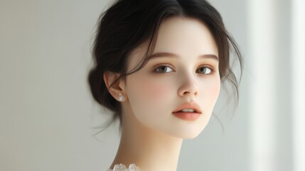 Fototapeta premium A beautiful woman with dark hair, fair skin, white background for a beauty portrait photoshoot