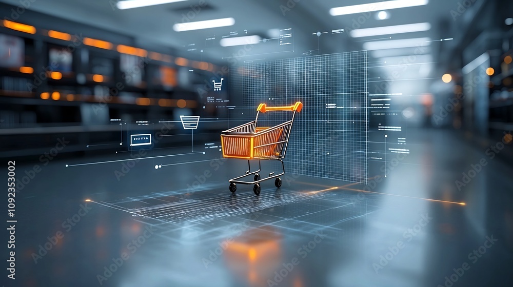 Aufkleber sleek and high tech futuristic shopping scene featuring a glowing shopping cart positioned on a refl