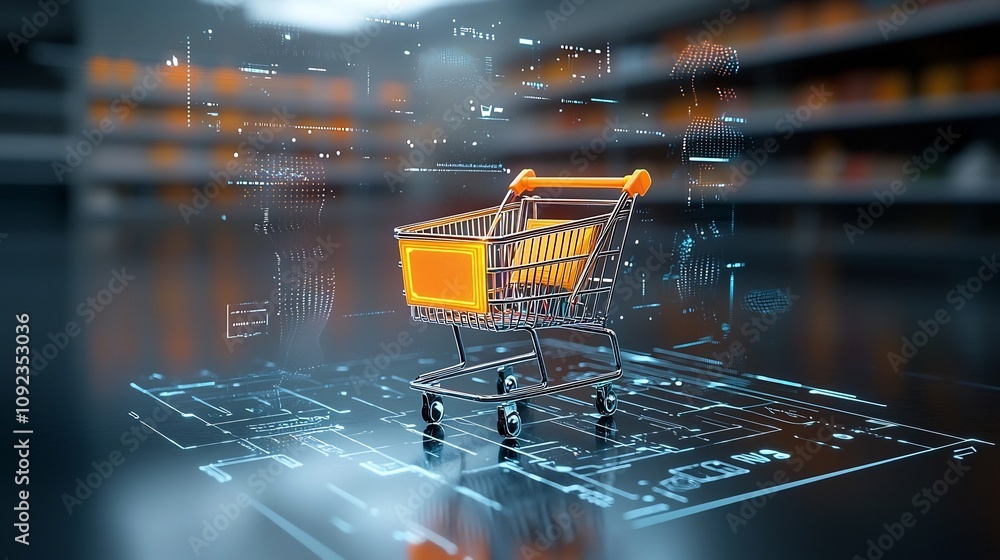 Poster a futuristic retail concept featuring a vibrant glowing shopping cart placed on a digital surface su