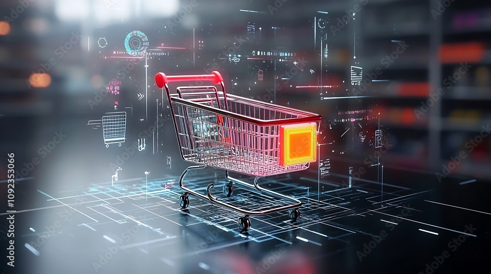 Poster futuristic retail concept featuring a glowing shopping cart placed on a digital surface surrounded b