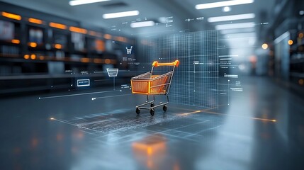 Sleek and high tech futuristic shopping scene featuring a glowing shopping cart positioned on a reflective digital surface illuminated by holographic grids and vibrant neon colors