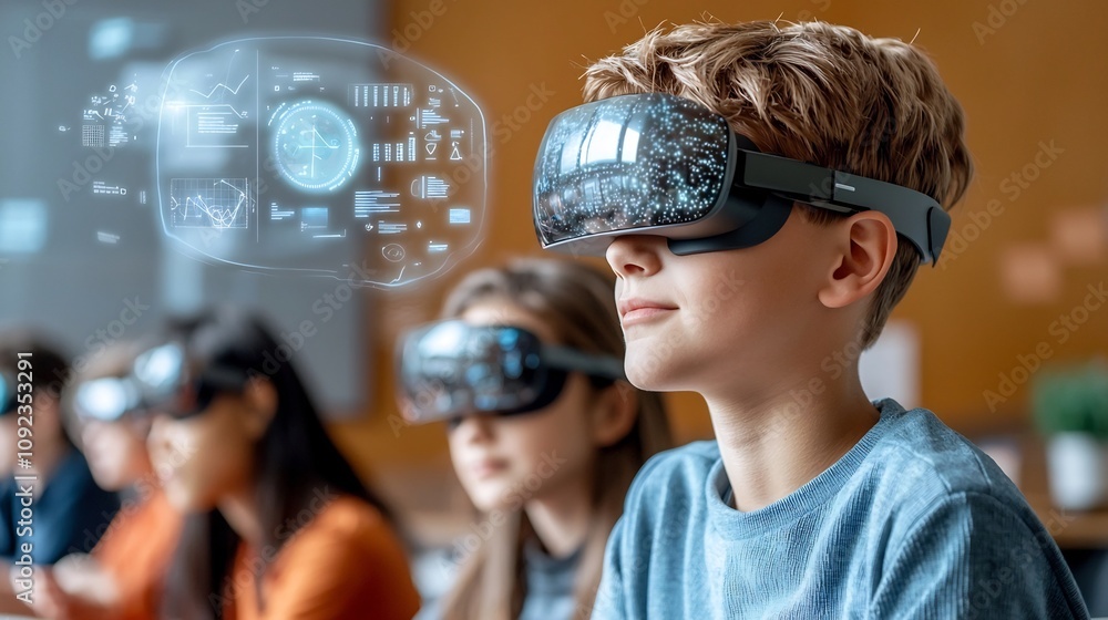 Fototapete Futuristic classroom setting with diverse students using cutting edge headsets and holograms displaying interactive data and diagrams showcasing an innovative