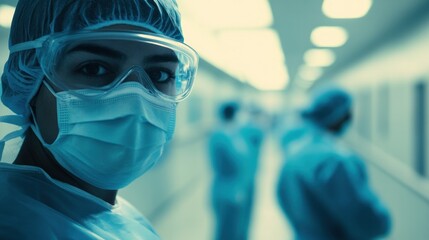 Masked Medical Staff in a Busy Hospital Corridor, Representing Teamwork and Compassion in Healthcare