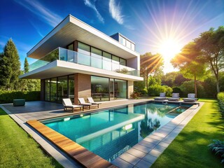 Fototapeta premium Luxurious contemporary home, sparkling pool, lush greenery.