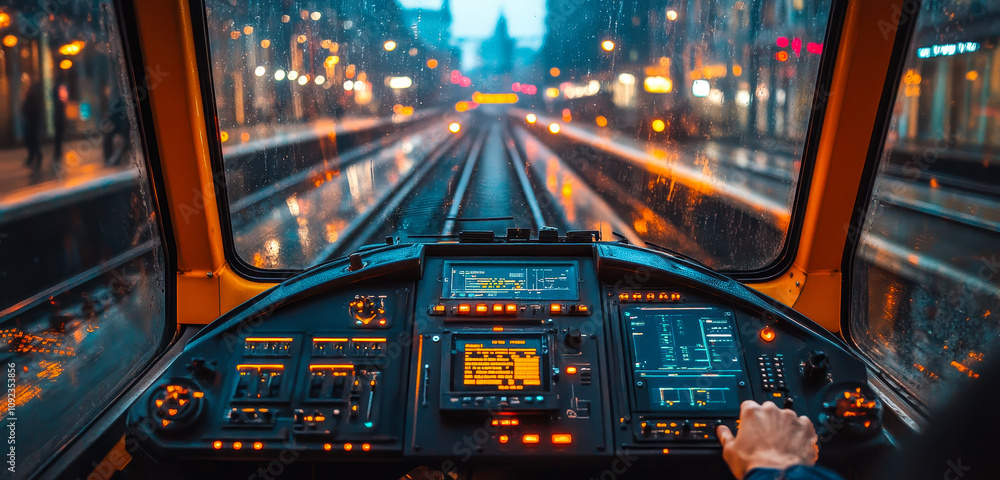 Poster engineer using virtual interface in train control cabin on railway