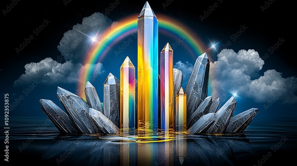 Poster the image features colorful crystals emanating light, surrounded by dark clouds and a vibrant rainbo