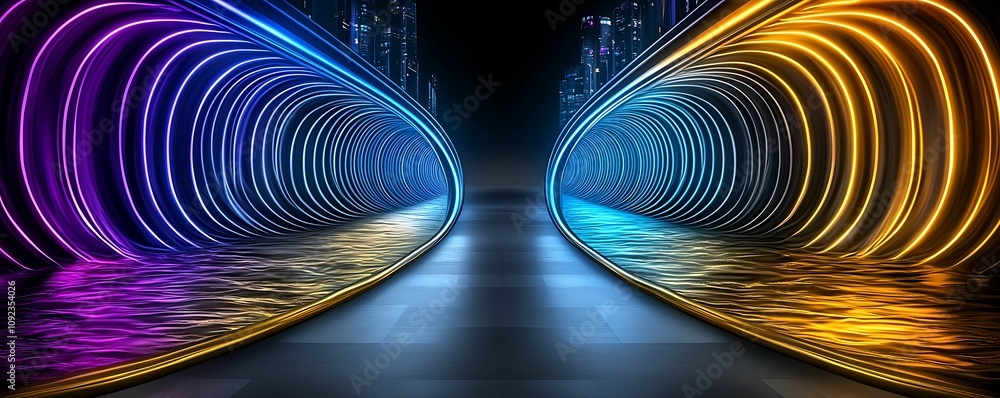 Poster a vibrant, futuristic tunnel illuminated with blue and purple lights, creating a dynamic visual effe