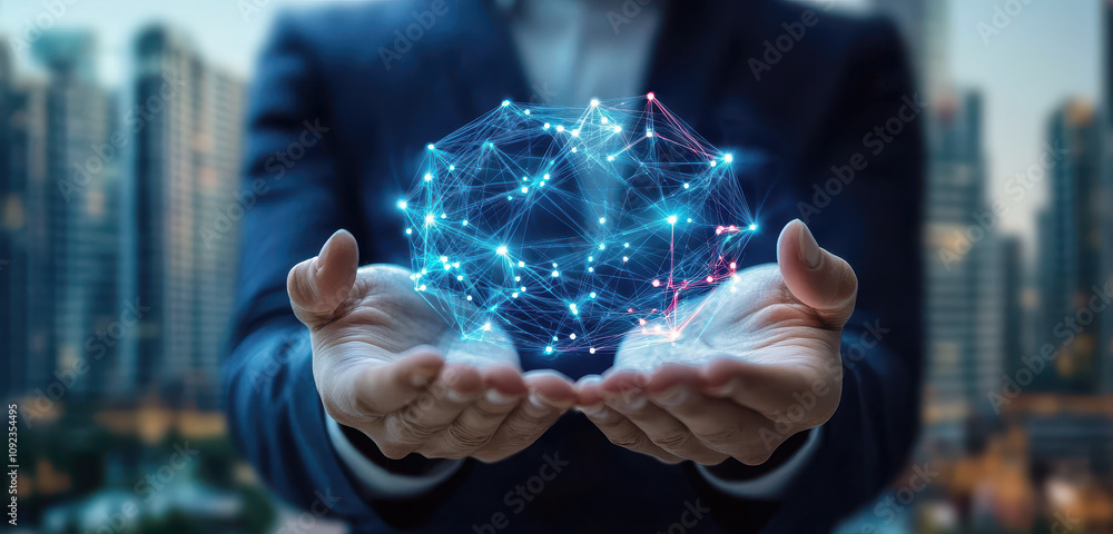 Poster businessman holding virtual ai network representing machine learning and data exchange