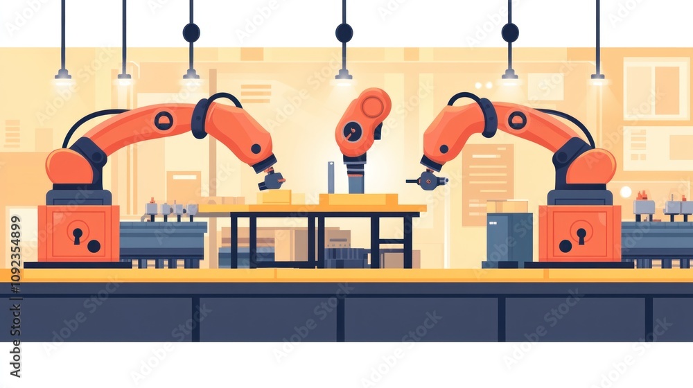 Poster Robotic Arms Assemble Products in Factory Setting