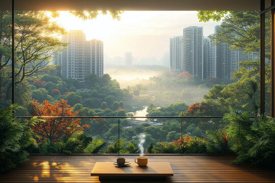 Fototapeta A tranquil view from a high-up balcony. Trees, a river, and city buildings are seen through a haze