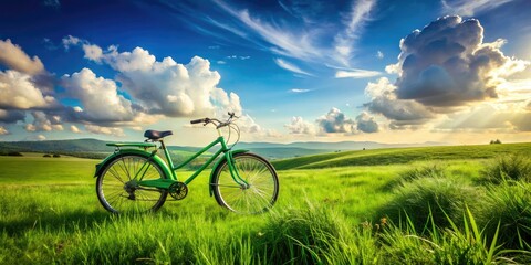 Fototapeta premium Summer Hills Double Exposure Bicycle, Green Grass, Blue Sky