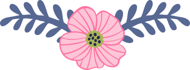 Reflected composition purple and pink flowers is made in folk art. Design element, border element, print in rustic style, isolated white background.