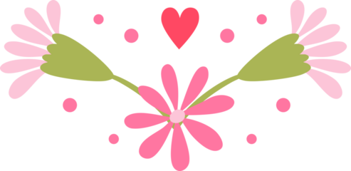 Reflected composition purple and pink flowers is made in folk art. Design element, border element, print in rustic style, isolated white background.