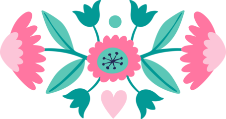 Reflected composition purple and pink flowers is made in folk art. Design element, border element, print in rustic style, isolated white background.