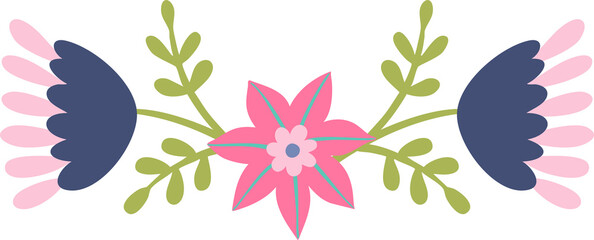 Reflected composition purple and pink flowers is made in folk art. Design element, border element, print in rustic style, isolated white background. © KiraKonoshenko
