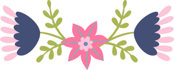 Reflected composition purple and pink flowers is made in folk art. Design element, border element, print in rustic style, isolated white background.