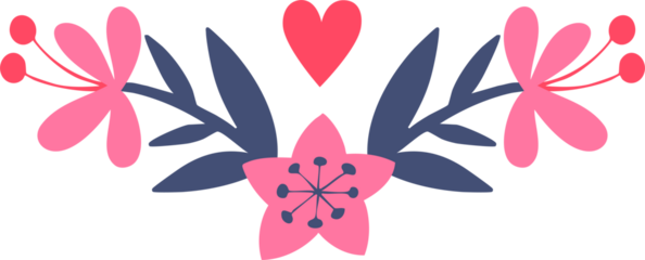 Reflected composition purple and pink flowers is made in folk art. Design element, border element, print in rustic style, isolated white background.