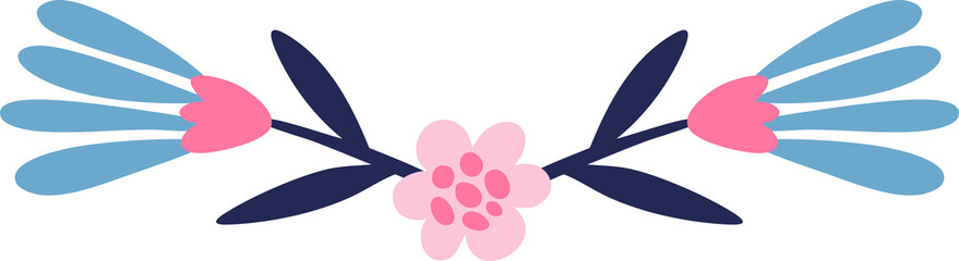 Reflected composition purple and pink flowers is made in folk art. Design element, border element, print in rustic style, isolated white background.