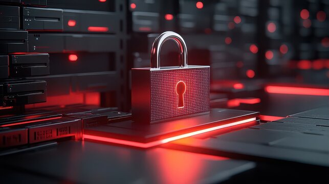 Secure server rack icon with a padlock and glowing binary code, symbolizing protection against electronic theft