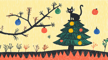 cat destroying Christmas tree, cat with Christmas tree, cat, Christmas, whimsical, festive, holiday