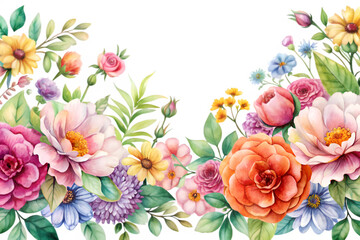 Fototapeta premium Watercolor delicate flowers border, beautiful colorful flowers 