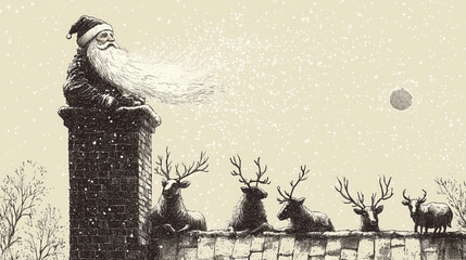 Santa Clause stuck in the chimney, illustration, cartoon, whimsical, funny, fat, time to lose weight, Christmas