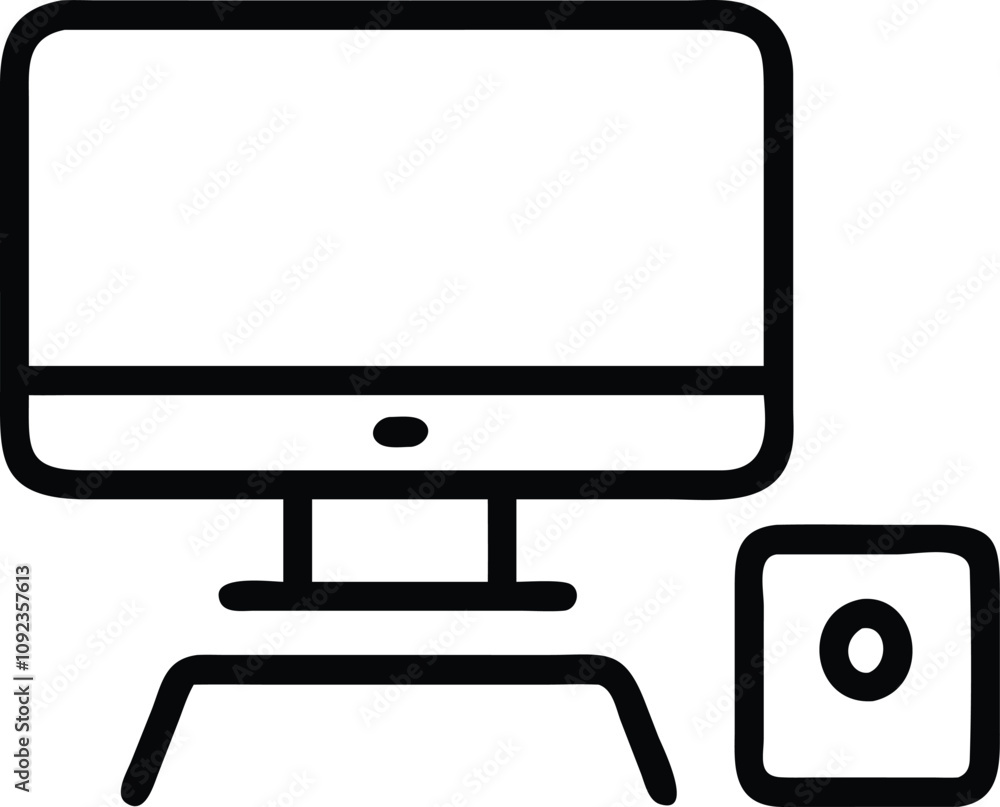 Poster desktop computer with speaker icon, minimalistic black line illustration of a desktop computer and a