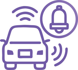 Car Alert System with Wireless Notification, Purple line art of a car with wireless signals and a bell icon, representing vehicle alerts, smart systems, and safety notifications.
