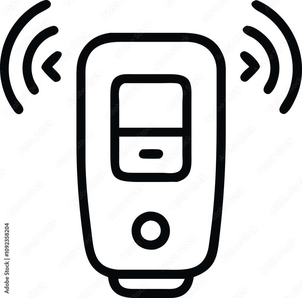 Poster wireless remote control icon design, black line art of a wireless remote control with signal waves, 