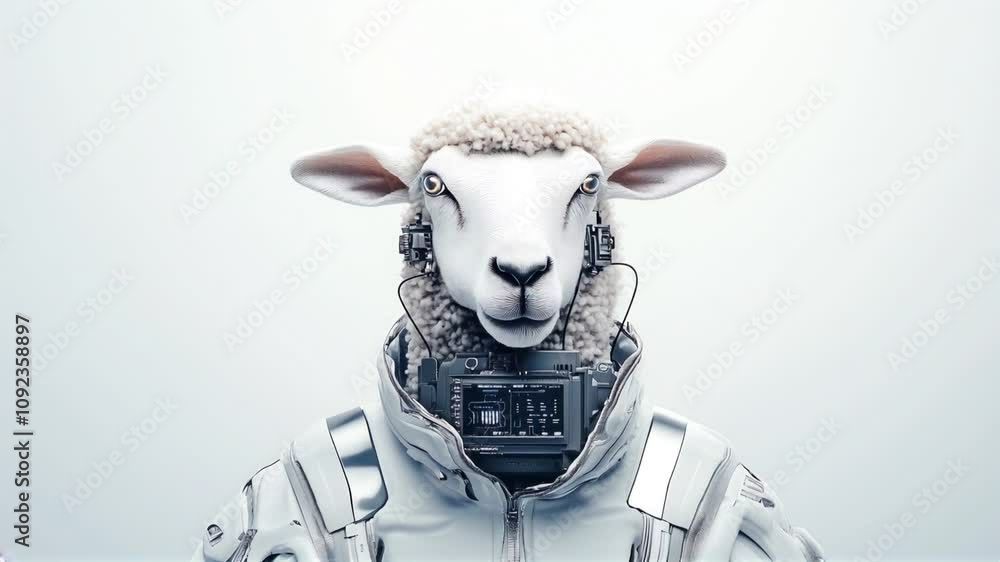 Poster astronaut sheep: a surreal portrait of a sheep in a futuristic astronaut suit, gazing directly at th