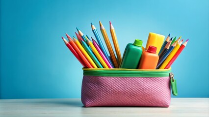 Fototapeta premium Creative Pencil Case Illustrating School Supplies with Vibrant Colors and Clear Copy Space for Educational Themes and Back-to-School Promotions