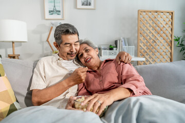Obraz premium Asian senior elderly couple sitting on sofa in living room at home. 