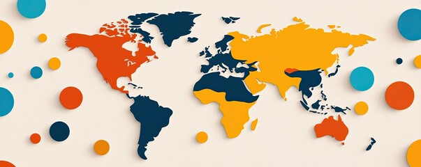 A colorful world map with distinct regions highlighted in blue, orange, and yellow, surrounded by circular patterns.