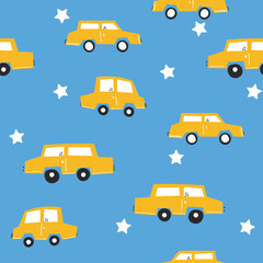 Seamless pattern with cute car on color background. Cartoot transport. Vector illustration. Doodle style. Design for baby print, invitation, poster, card, fabric, textile.