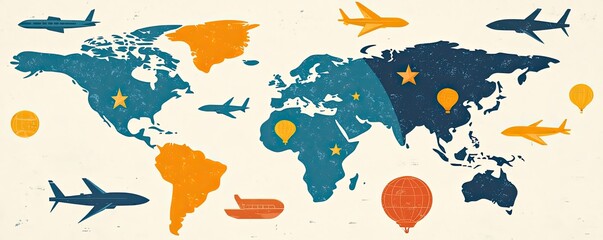 Obraz premium A colorful world map featuring planes, travel icons, and various locations, emphasizing global travel and exploration.
