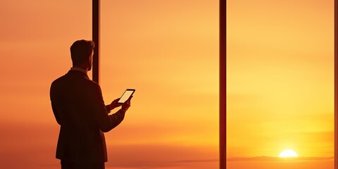 Business travel conference itinerary concept. A silhouette of a man in a suit, holding a device, gazes out at a vibrant sunset through large windows.