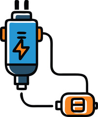 Colorful Car Charger with Lightning Symbol, Illustration of a vibrant car charger featuring a lightning symbol, dual plug, and cable, ideal for portable charging and tech themes.  
