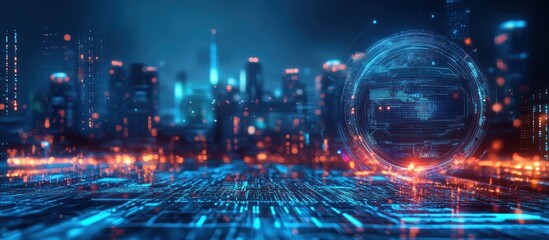 Fototapeta premium Futuristic cityscape with a digital globe interface.