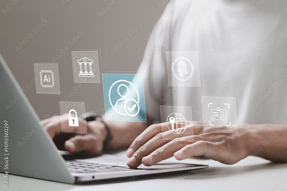 Poster know your customer concept. person using laptop with kyc icon on virtual screen. business verifying 