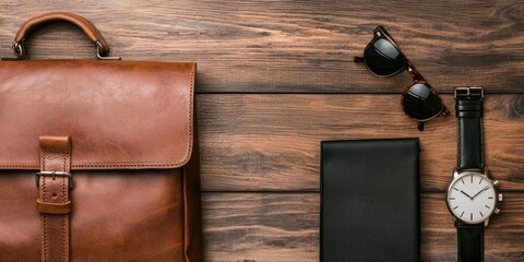 Business travel conference itinerary concept. A stylish brown leather bag, sunglasses, a watch, and a wallet are arranged on a wooden surface, showcasing a chic and organized lifestyle.