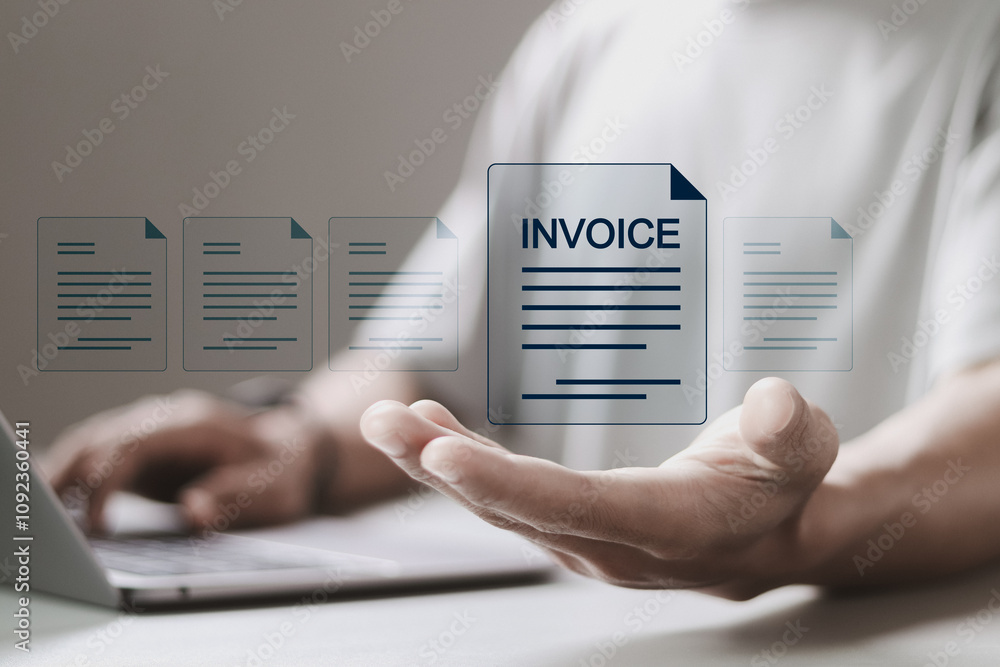 Poster e-invoice and online digital statements concept, person use computer laptop with invoice document on