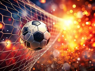 Fototapeta premium Dynamic Soccer Action: The Moment a Ball Soars into the Goal Net Amidst a Fiery Red Background and Bokeh Splashes, Perfect for Urban Exploration Photography Enthusiasts