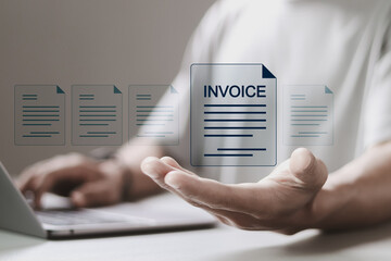 E-invoice and online digital statements concept, Person use computer laptop with invoice document...