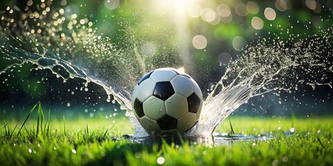 Fototapeta premium Dynamic Splash of a Soccer Ball Hitting the Green Field Captured in Rule of Thirds for a Striking Visual Impact in Sports Photography