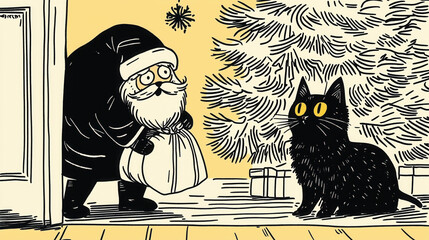 Santa Clause with cat, Christmas, Santa, illustration, whimsical