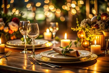 Elegant Night Photography of a Gourmet Plate on a Table with Soft Ambient Lighting, Capturing the Mood of a Cozy Dinner Setting, Perfect for Culinary and Event Themes