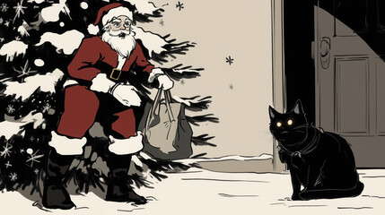 Santa Clause with cat, Christmas, Santa, illustration, whimsical